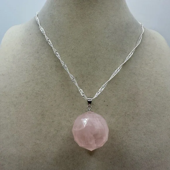 SOLD Rose Quartz 3D Round Pendant on Sterling Silver Chain - Picture 9 of 13